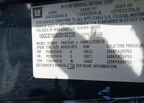 2002 Chevrolet S-10 Ls из США, поврежденный, VIN 1GCCS195828103733